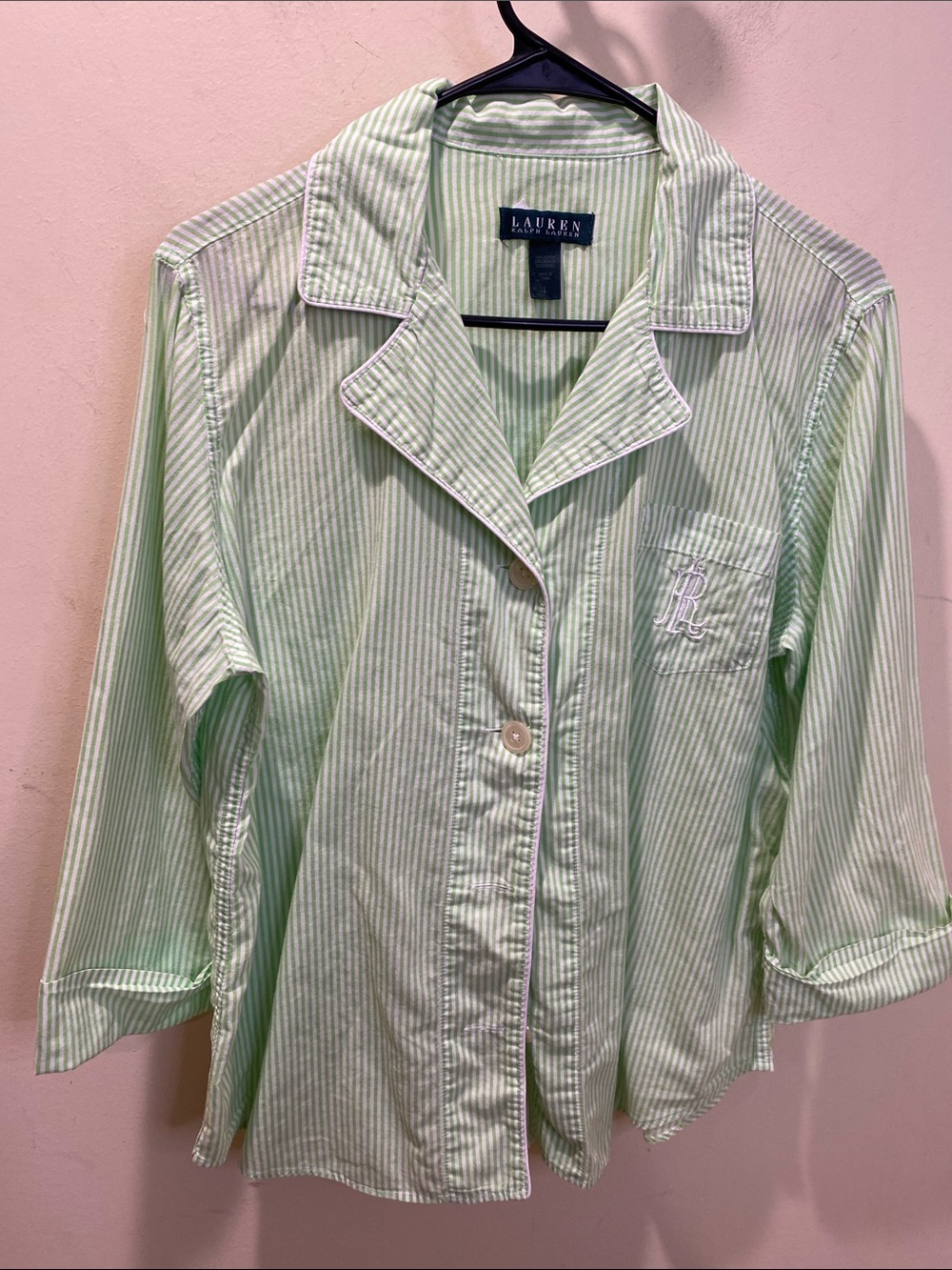 LAUREN Ralph Lauren White and green striped Pajama top size L